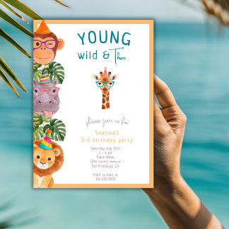 Young Wild And Three Funny Animals 3rd Birthday Invitation