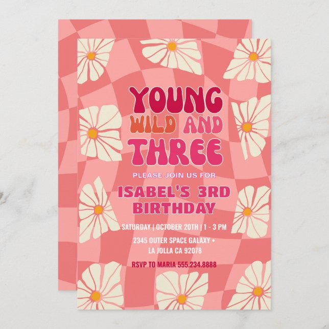 Young Wild and Three | Groovy Daisy Third Birthday Invitation (Front/Back)