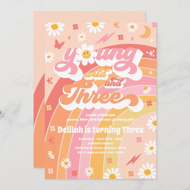 Young Wild And Three Hippie 3rd Birthday Party Invitation (Front/Back)
