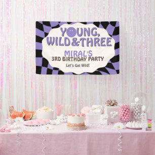 Young Wild and Three Lavender Retro 3rd Birthday Banner