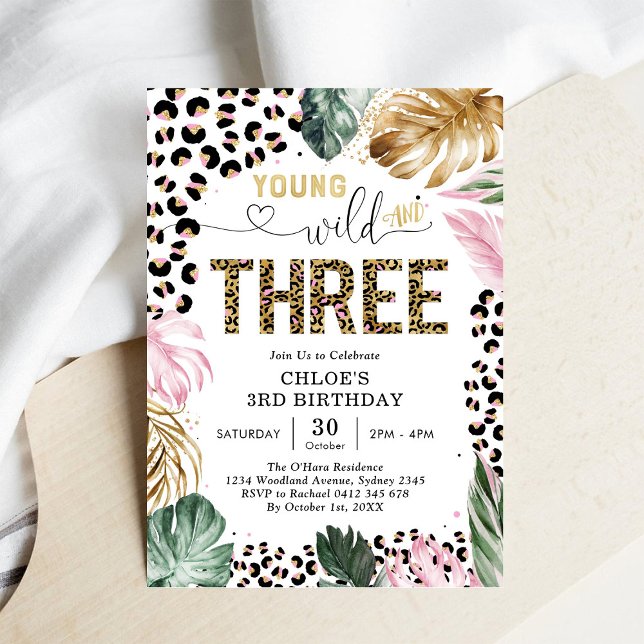 Young Wild and Three Leopard Girl 3rd Birthday Invitation (Creator Uploaded)
