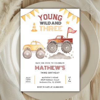 Young Wild And Three Monster Truck 3rd Birthday Invitation