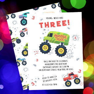 Young Wild and Three Monster Truck Birthday Invitation