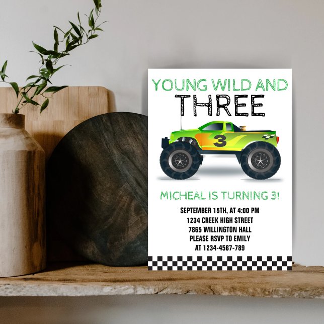 Young Wild and Three Monster Truck Third Birthday  Invitation (Creator Uploaded)