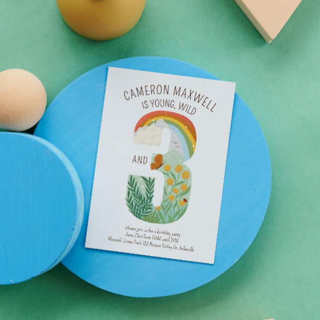 Young Wild and Three Nature Inspired Birthday Invitation (Young wild and three nature birthday party invitation)