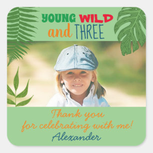 Young Wild and Three Photo 3rd Birthday Square Sticker