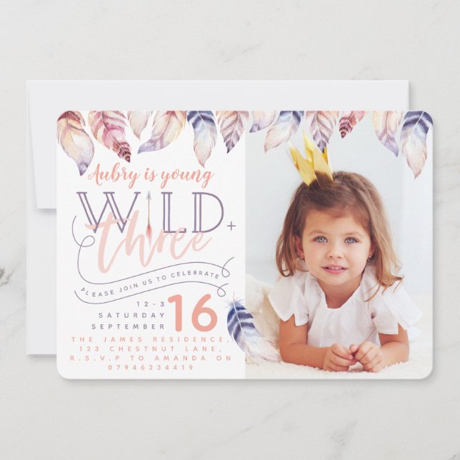 Young, wild and three photo birthday invitation. invitation (Front)
