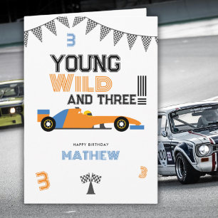 Young Wild And Three Race Car 3rd Boy Birthday  Card