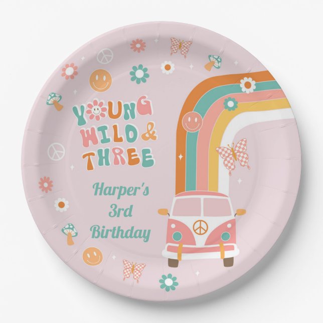 Young Wild and Three Retro Boho Party Paper Bowls Paper Plate (Front)