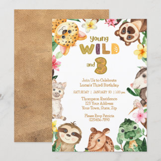 Young Wild and Three Safari Animal 3rd Birthday Invitation