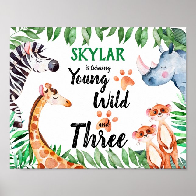 Young Wild and Three Safari Animal 3rd Birthday Poster (Front)