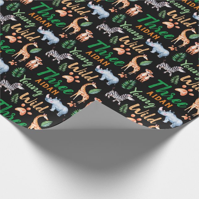 Young Wild and Three Safari Animal 3rd Birthday Wrapping Paper (Corner)