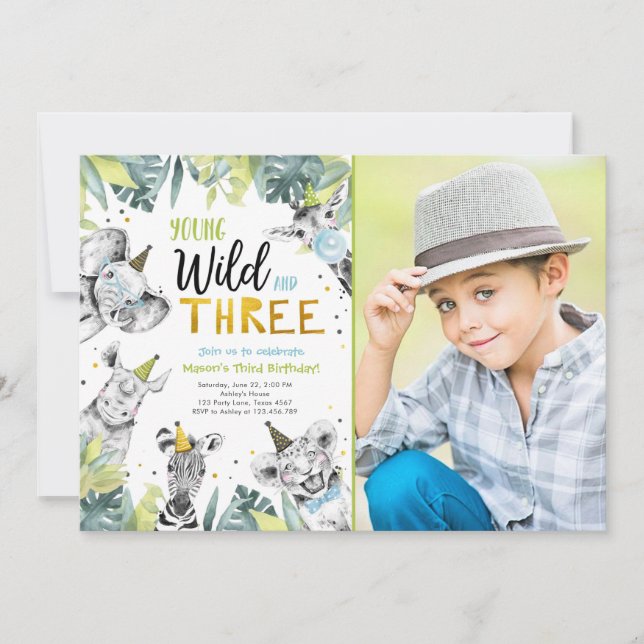 Young Wild and Three Safari Animals Boy Birthday I Invitation (Front)