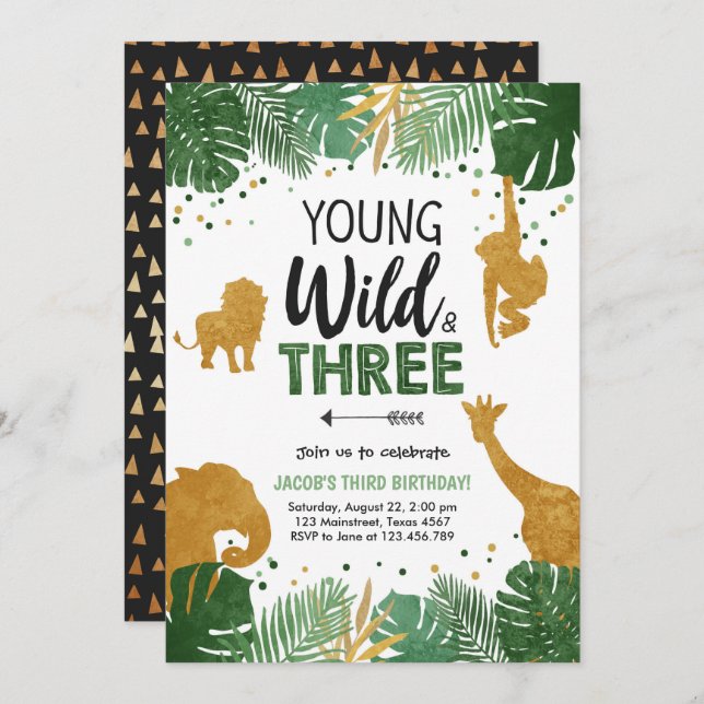 Young Wild and Three Safari Animals Boy Birthday Invitation (Front/Back)