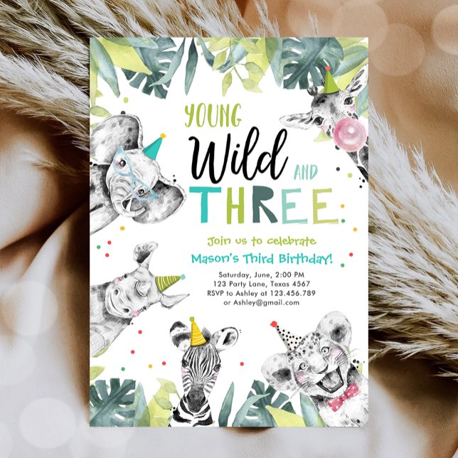 Young Wild and Three Safari Animals Boy Birthday Invitation (Creator Uploaded)