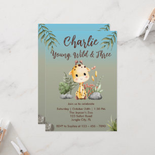 Young Wild and Three Safari Animals Giraffe 3rd Invitation