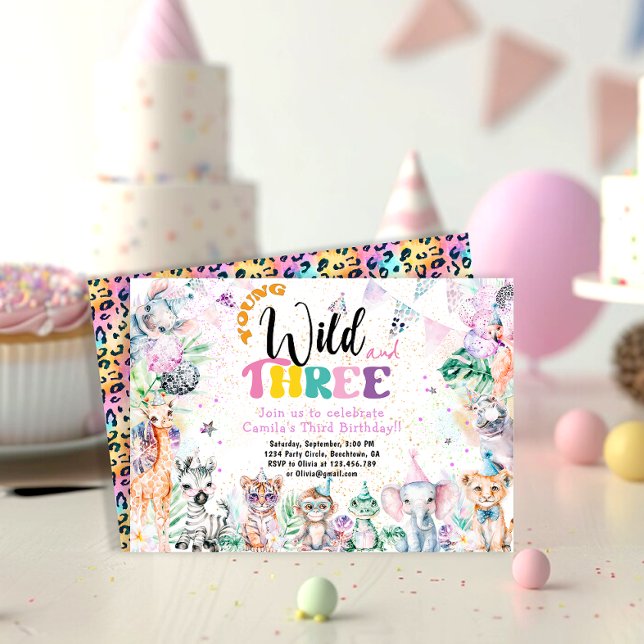 Young Wild and Three Safari Animals Girl Birthday  Invitation (Creator Uploaded)