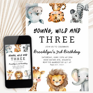 Young Wild and Three Safari Birthday Party Invitation