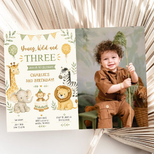 Young Wild and Three Safari Birthday Party Photo Invitation