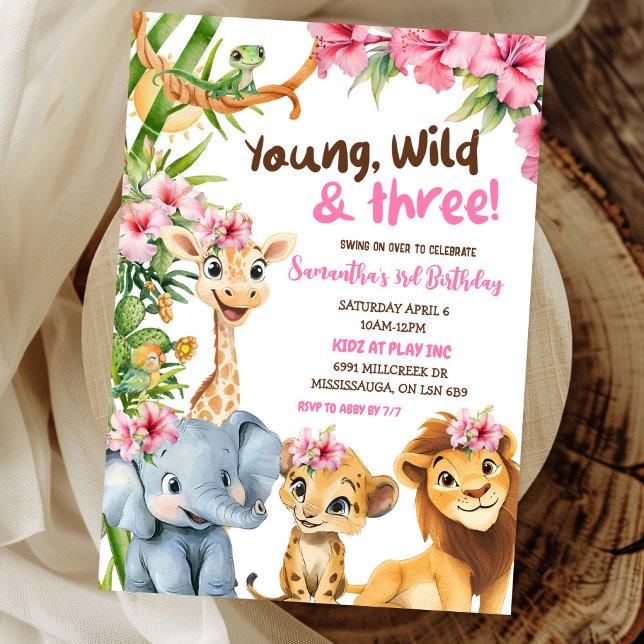 Young Wild and Three Safari Girl Third Birthday Invitation (Creator Uploaded)
