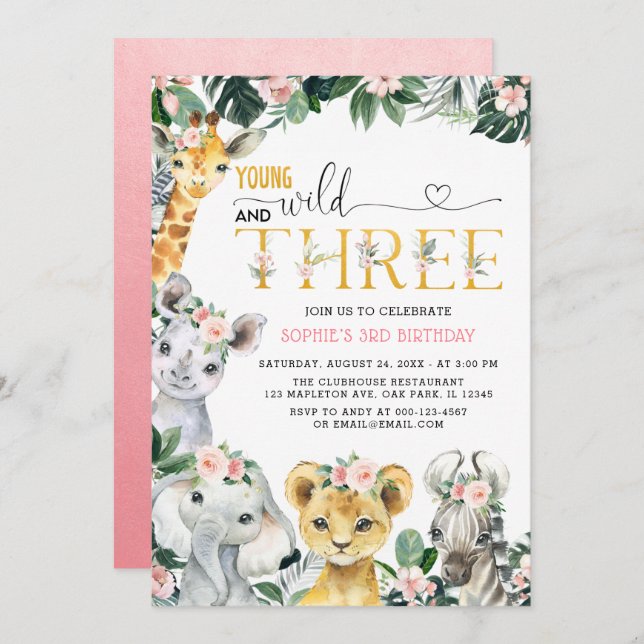 Young Wild And Three Safari Jungle Animal Birthday Invitation (Front/Back)
