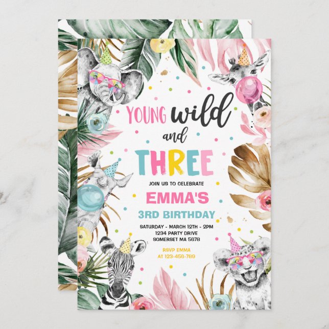 Young Wild And Three Safari Jungle Animals Party Invitation (Front/Back)