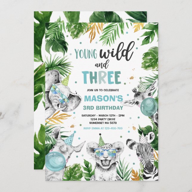 Young Wild And Three Safari Jungle Animals Party Invitation (Front/Back)