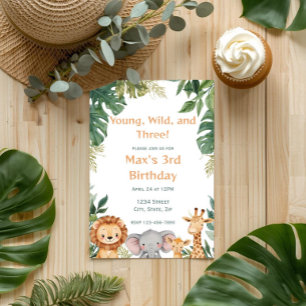 Young Wild and Three Safari Jungle Birthday Invitation