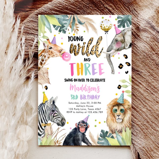 Young Wild and Three Safari Party Animals Birthday Invitation (Creator Uploaded)
