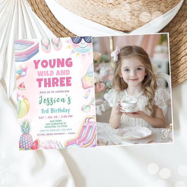 Young Wild And Three - Summer Girl Birthday Photo Invitation (Creator Uploaded)