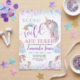 Young Wild and Three Unicorn 3rd Birthday Invitation
