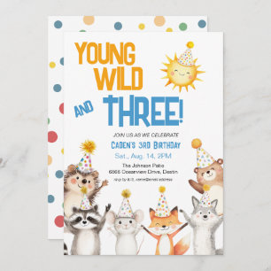 Young Wild Forest Animals Party Hats 3rd Birthday Invitation