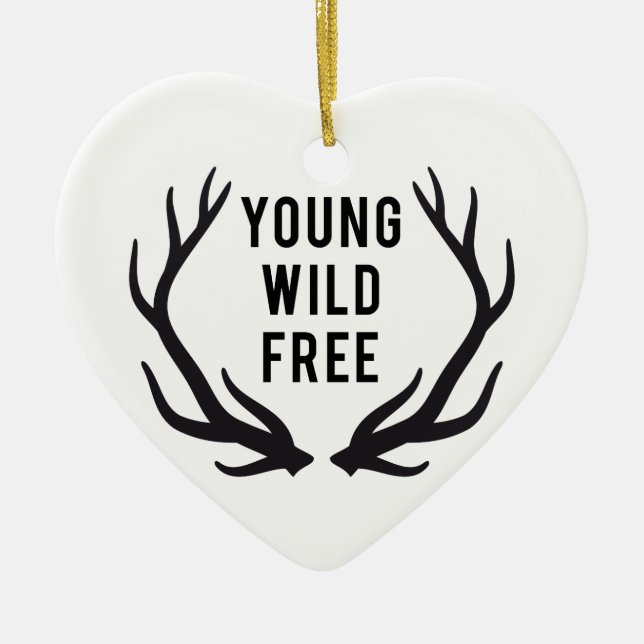 young, wild, free, text design with deer antlers ceramic tree decoration (Front)