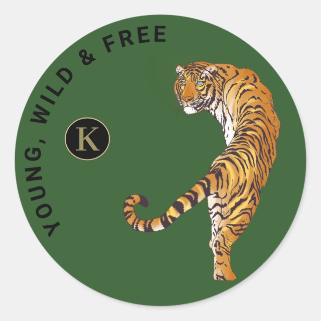 Young, Wild & Free Tiger Monogram Green Background Classic Round Sticker (Front)