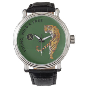 Young, Wild & Free Tiger Monogram Green Background Watch
