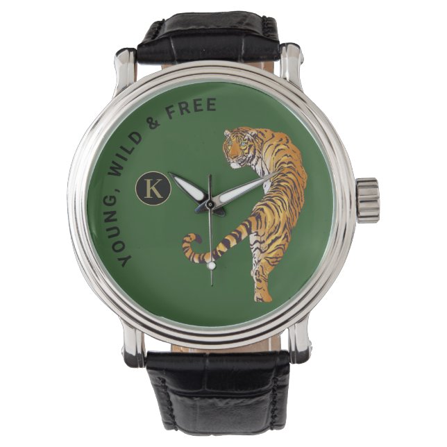 Young, Wild & Free Tiger Monogram Green Background Watch (Front)