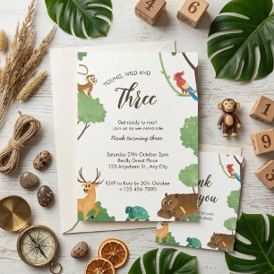Young Wild Jungle Animals Green Third Birthday Invitation