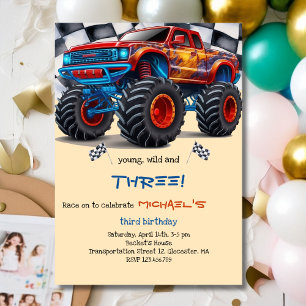 Young, wild  monster trucks boy birthday invitation