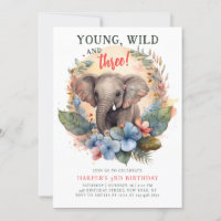 Young Wild Three 3rd Birthday Kids Cute Elephant