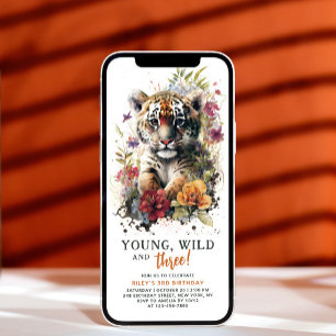 Young Wild Three 3rd Birthday Kids Cute Tiger Invitation