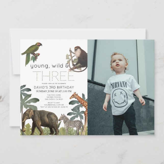 Young Wild & Three Animals Photo 3rd Birthday Invitation (Front)
