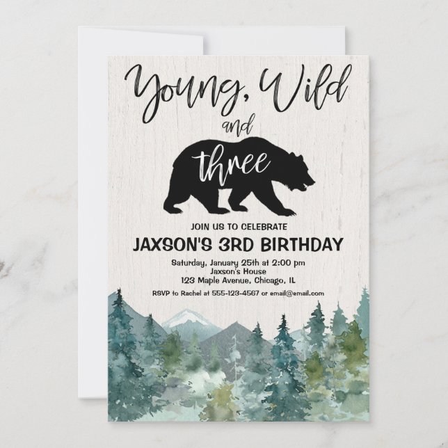 Young Wild Three birthday boy rustic outdoor them Invitation (Front)