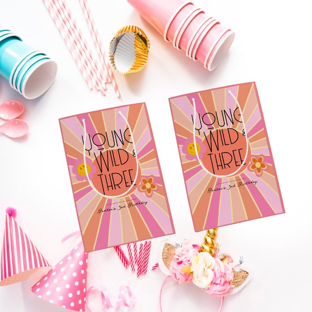 Young, Wild & Three | Birthday Gift Bag | Pink (Creator Uploaded)