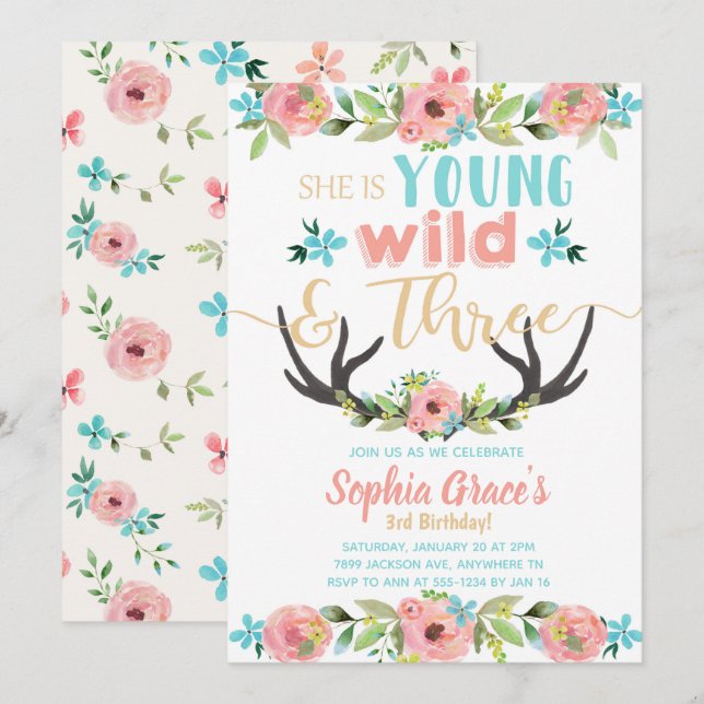 Young Wild & Three Birthday Invitation (Front/Back)