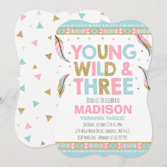 Young Wild & Three Birthday Invitation Wild Party (Front/Back)