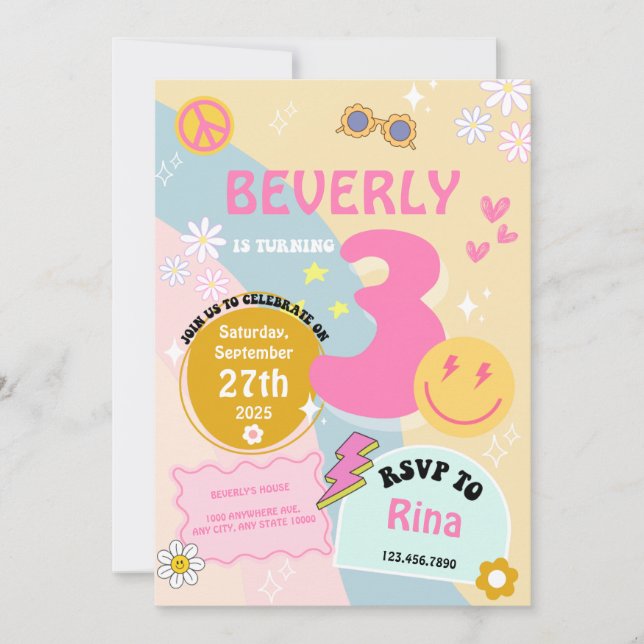 Young, Wild & Three Birthday Invite - Groovy Theme (Front)