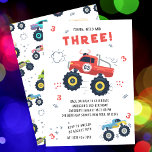 Young Wild Three Birthday Kids Monster Car Trucks Invitation<br><div class="desc">Young Wild And Three 3rd Birthday Kids Monster Car Trucks Invitation features cute and colourful monster car trucks with the text "Young, wild and three!" in modern red typography script accented with the number 3 and doodles. Perfect for kids third birthday party celebrations. Send in the mail or simply download...</div>