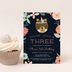 Young, Wild & Three Birthday Party Invitation
