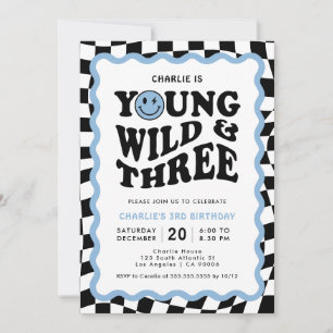Young Wild & Three   Blue Face Boy 3rd Birthday Invitation