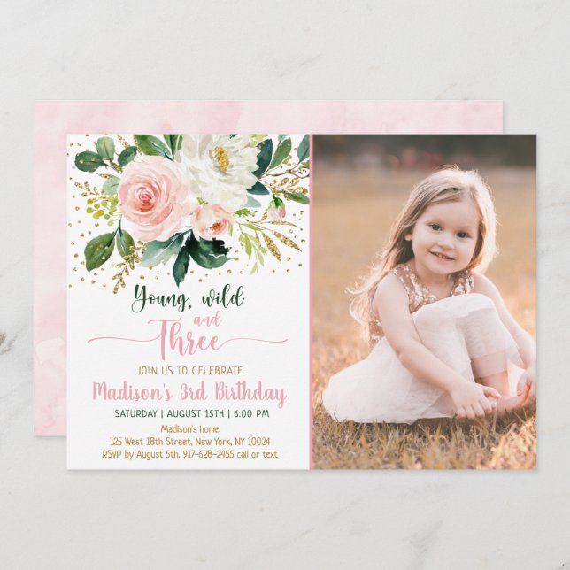 Young Wild & Three Boho Floral Pink Gold Birthday Invitation (Front/Back)